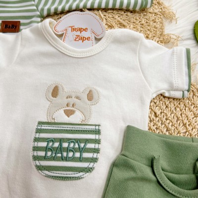 Conj. de Malha 3 peças - Bear Baby Listrado - Verde e Off White